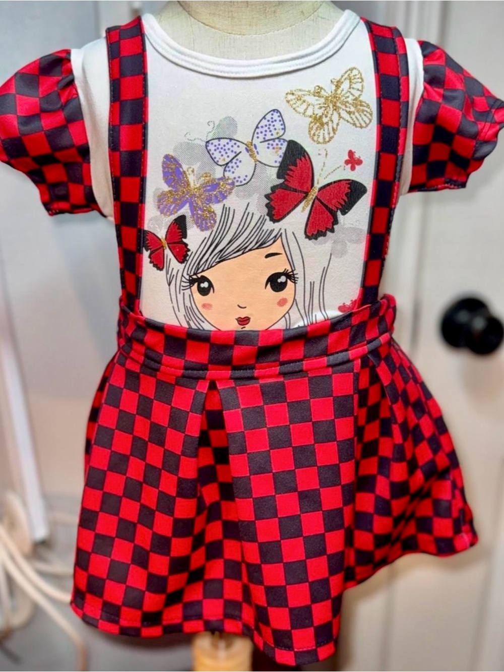 Girls Red & Black Check Suspender Skirt Set with Butterfly Graphic Tee